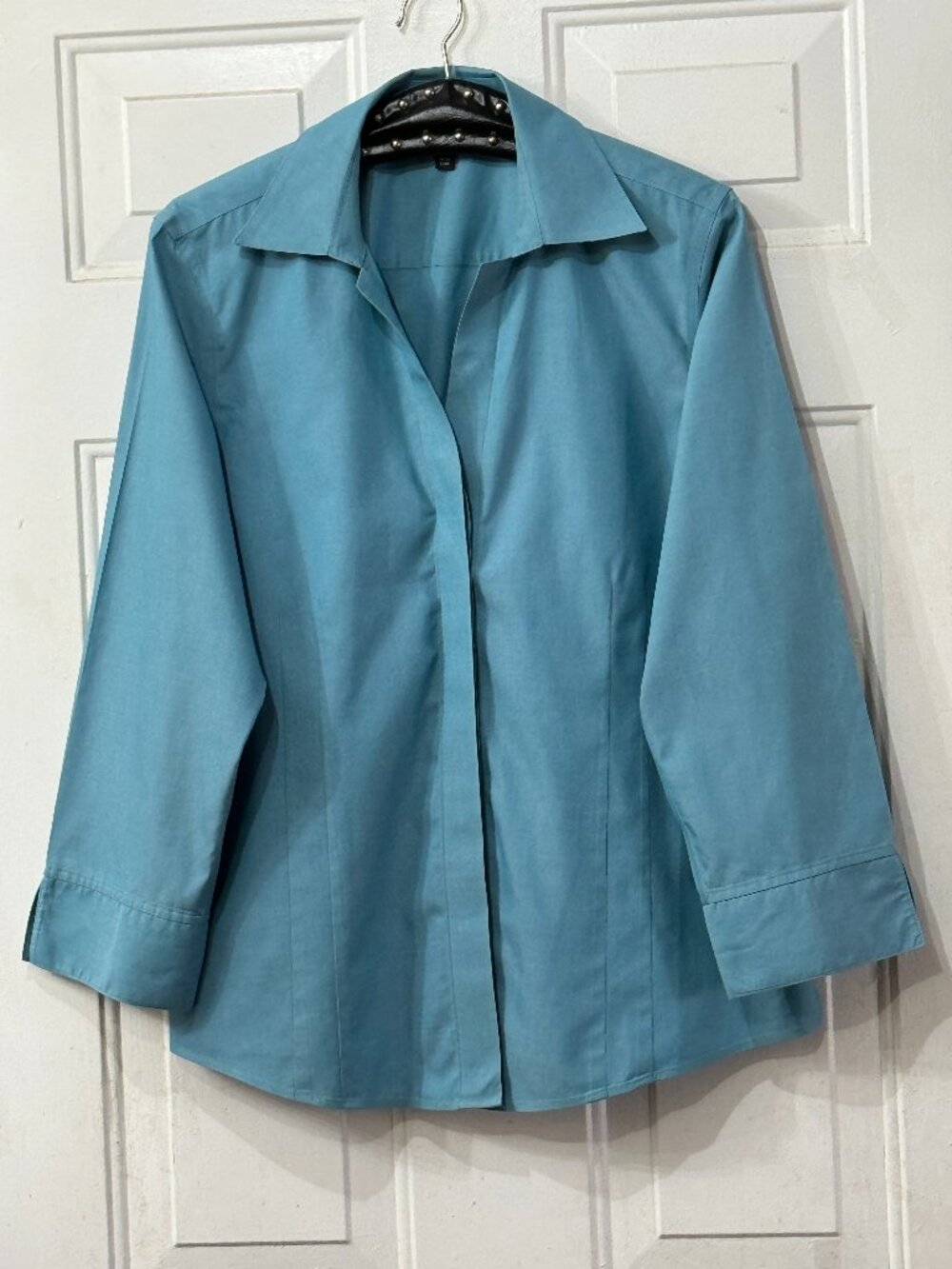 Foxcroft No-Iron Fitted Sz 14 (L) Blouse Button Up Shirt 3/4 Sleeve Turquoise